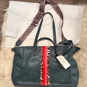 Teal Tote with Red and Leopard Accents